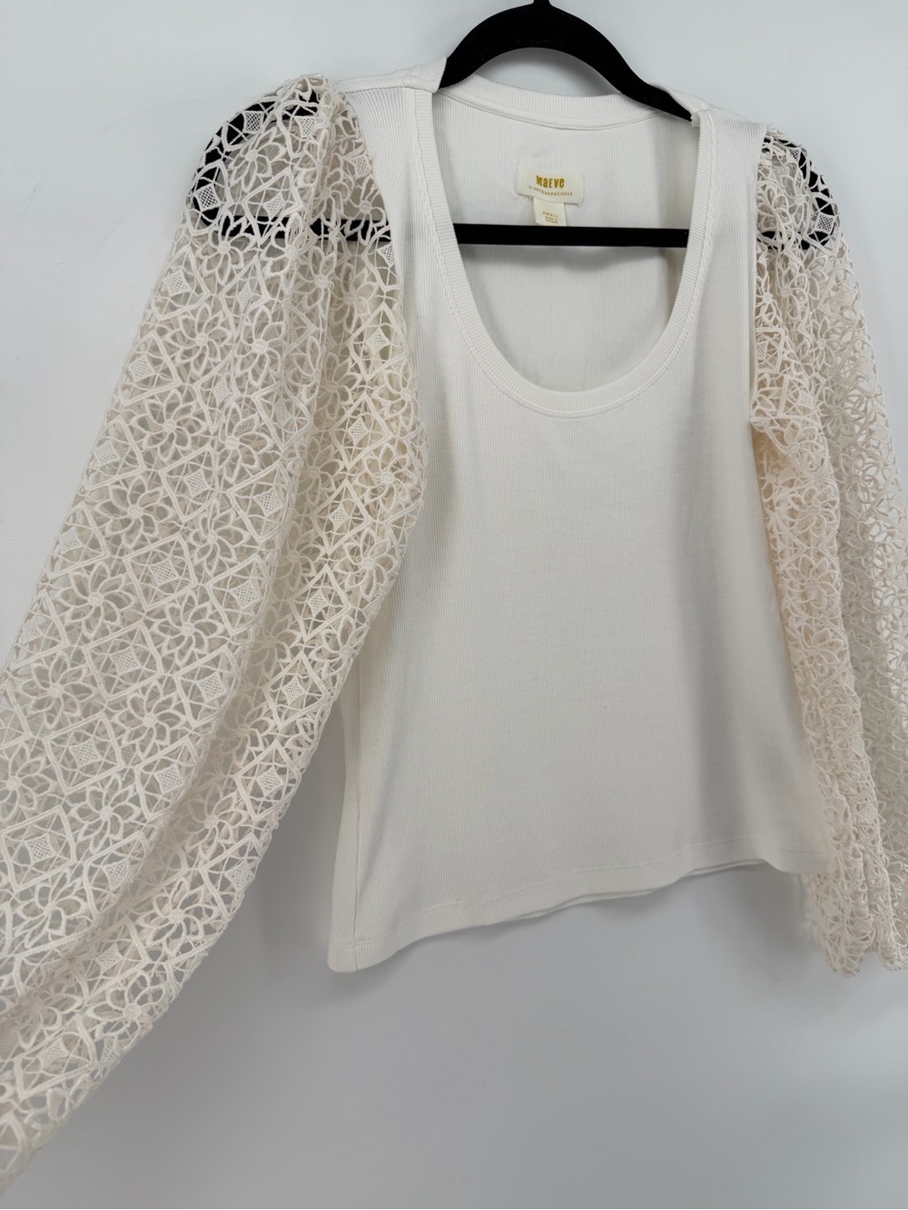 Maeve Anthropologie White Ribbed Knit Top Floral Lace Balloon Sleeve Size Small